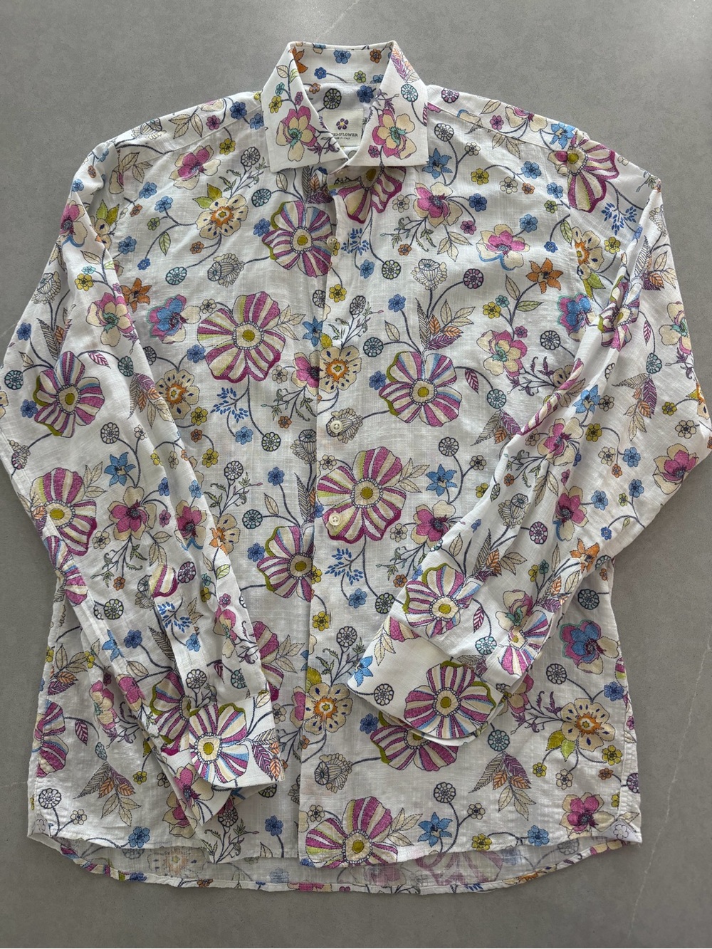 Floral Linen-Blend Long Sleeve Shirt - White with Pink & Yellow Flowers